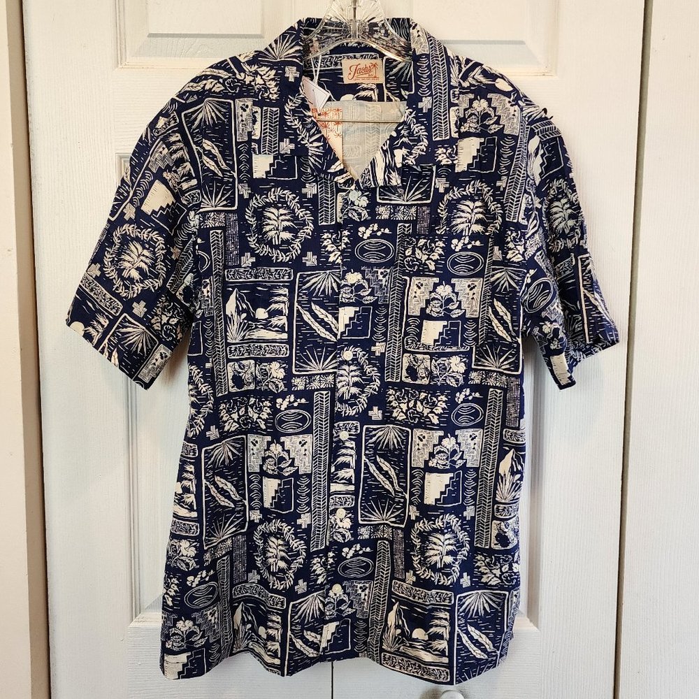 Jachs New York Ocean Blue Indigo Island Print Short Sleeve Button Down Shirt